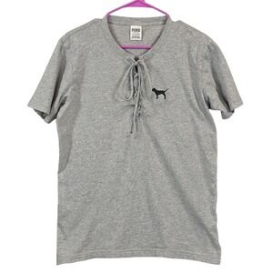 Victoria's Secret PINK Tie Front Tee Gray V-Neck Dog Logo Womens Small